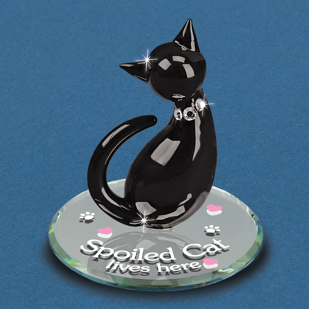 Black cat figurine made of glass on a round base with 'Spoiled Cat lives here' text