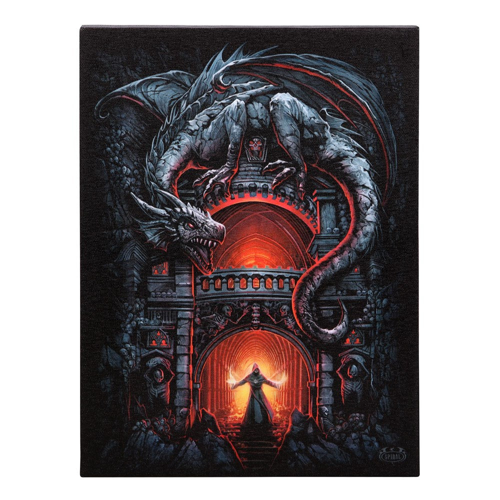 Canvas print with a dragon guarding a fiery flaming portal, necromancer reaper standing in front of the hallway