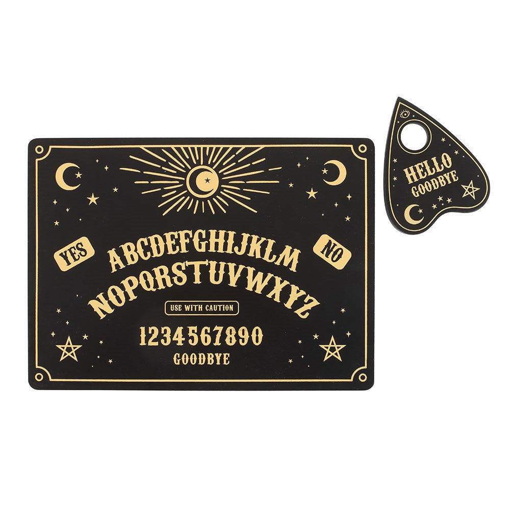 Set of placemat and coaster, done to look like talking board and planchette with alphabet and words and numbers. Black with gold