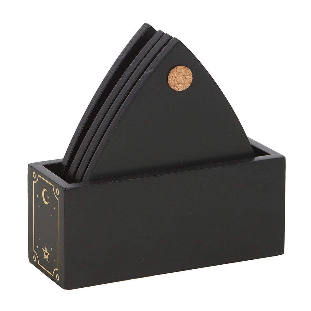 Back of planchette coasters in holder