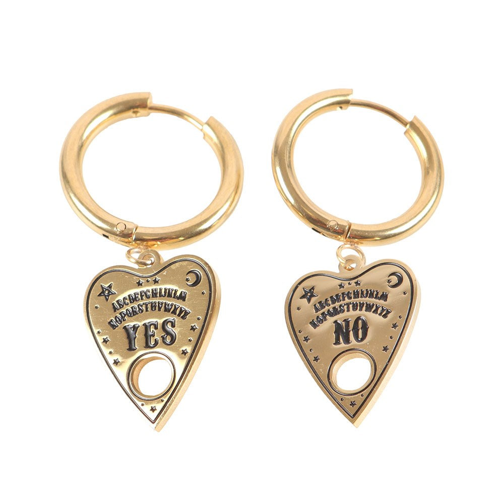 Gold toned ouija talking board planchette earrings on hoops; one says Yes and the other says No with alphabet, stars and moon