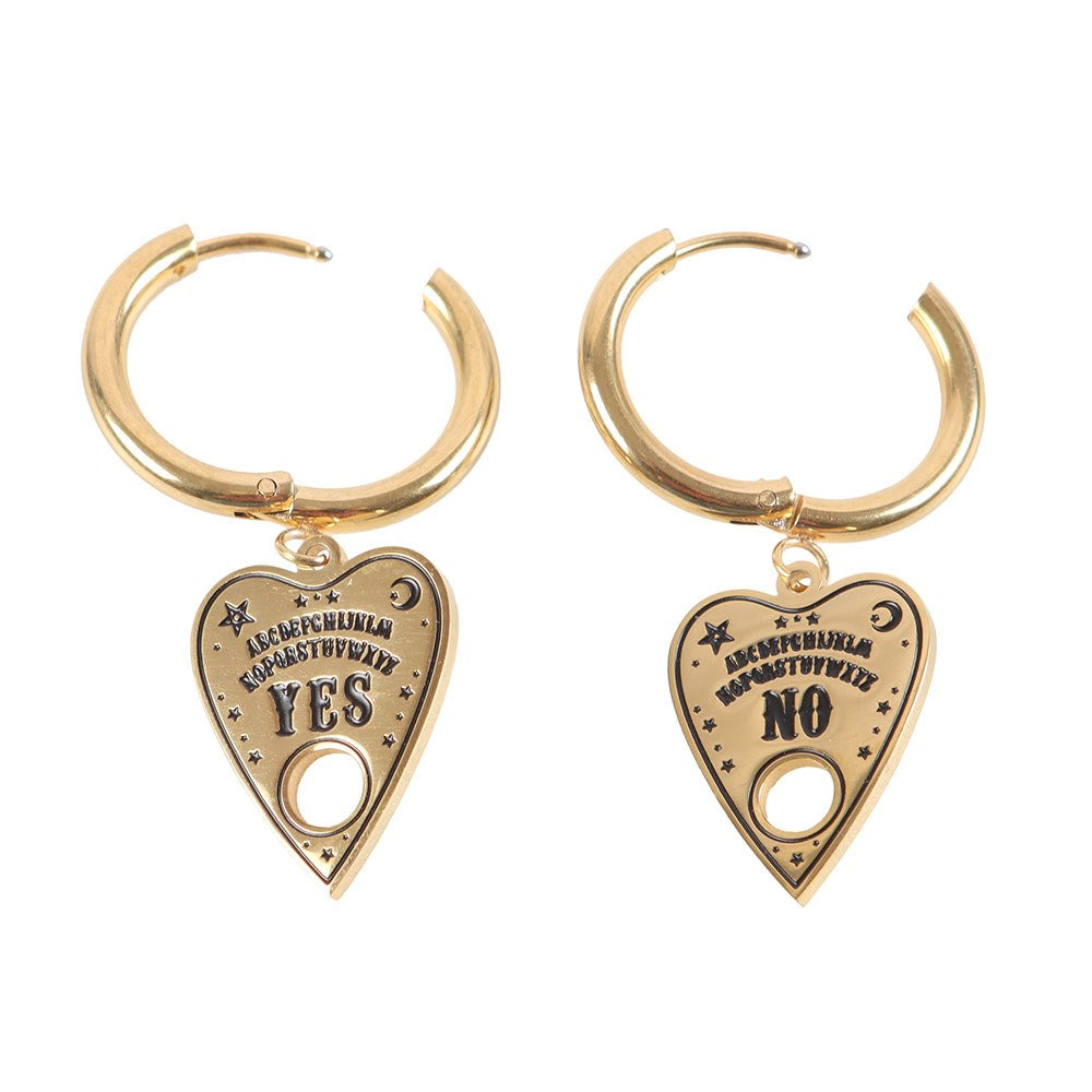 Gold toned ouija talking board planchette earrings on hoops; one says Yes and the other says No with alphabet, stars and moon. Hoops shown open