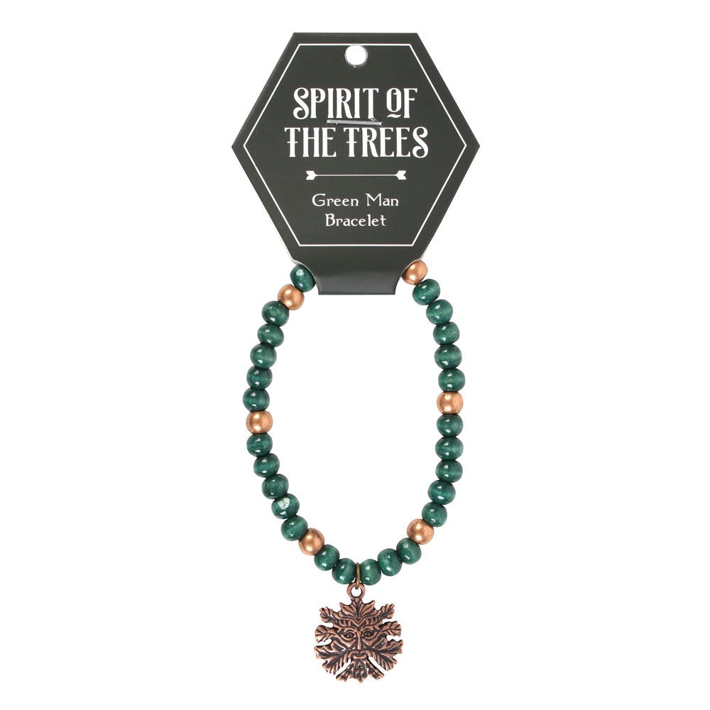 Green man bracelet with copper hued charm, wooden green beads, copper beads. Shown with tag that reads "Spirit of the Trees - Green Man Bracelet"
