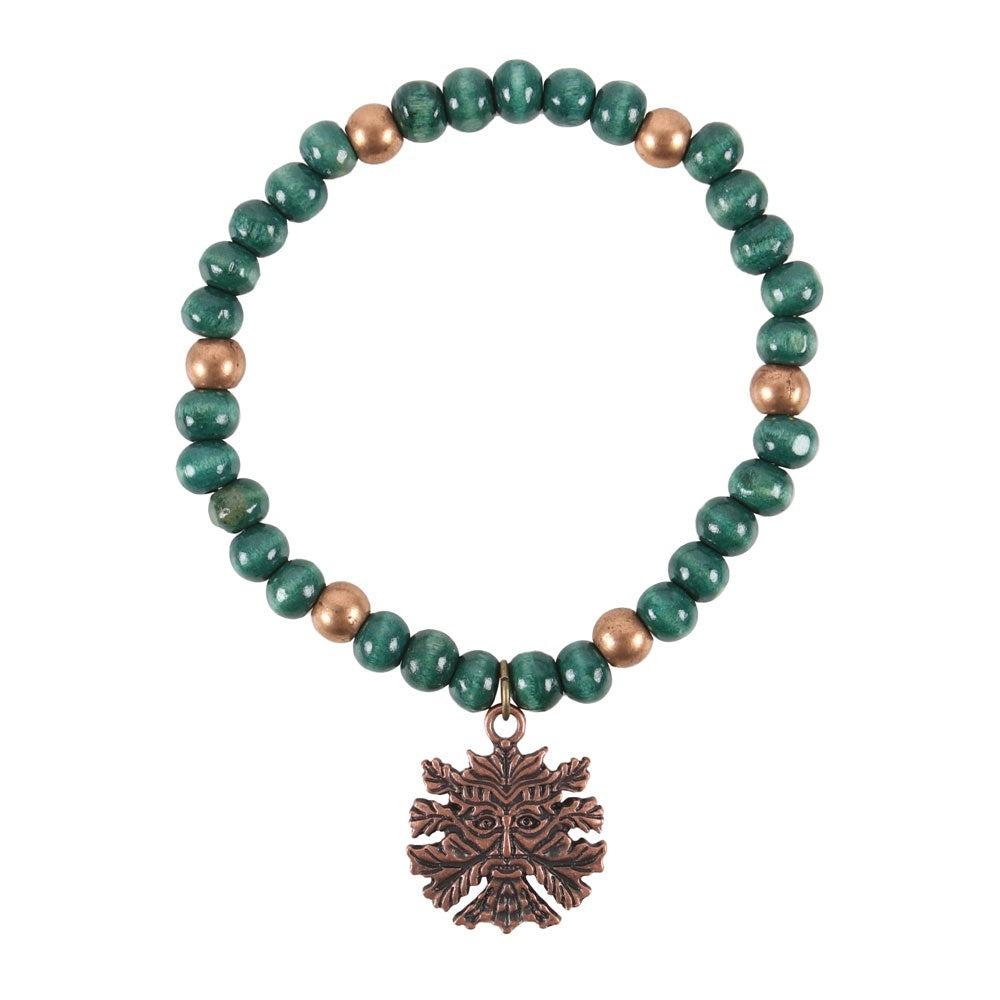 Green man bracelet with copper hued charm, wooden green beads, copper beads