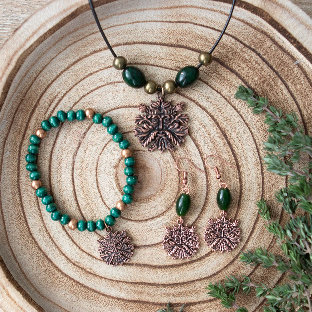 Set of Greenman Jewelry - earrings, necklace, bracelet displayed together