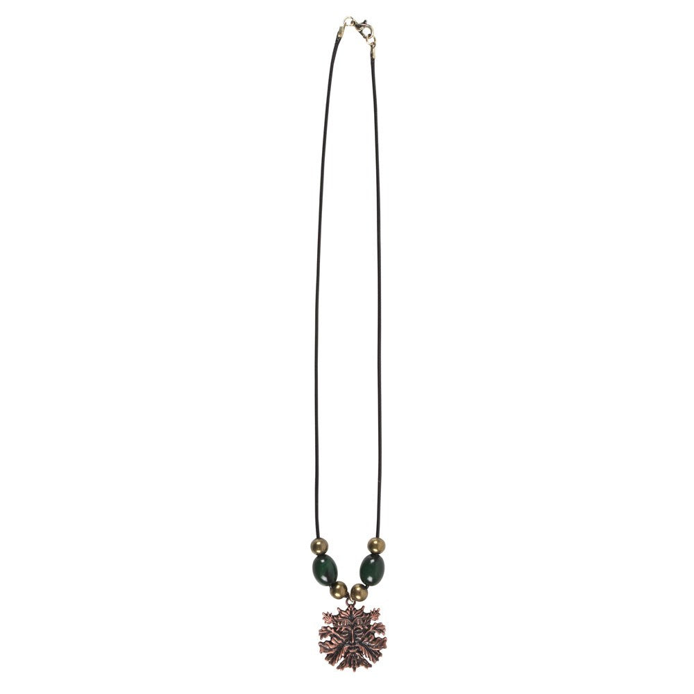 Necklace with green man pendand and gold and green beads. Strung on a black cord with a lobster clasp closure.