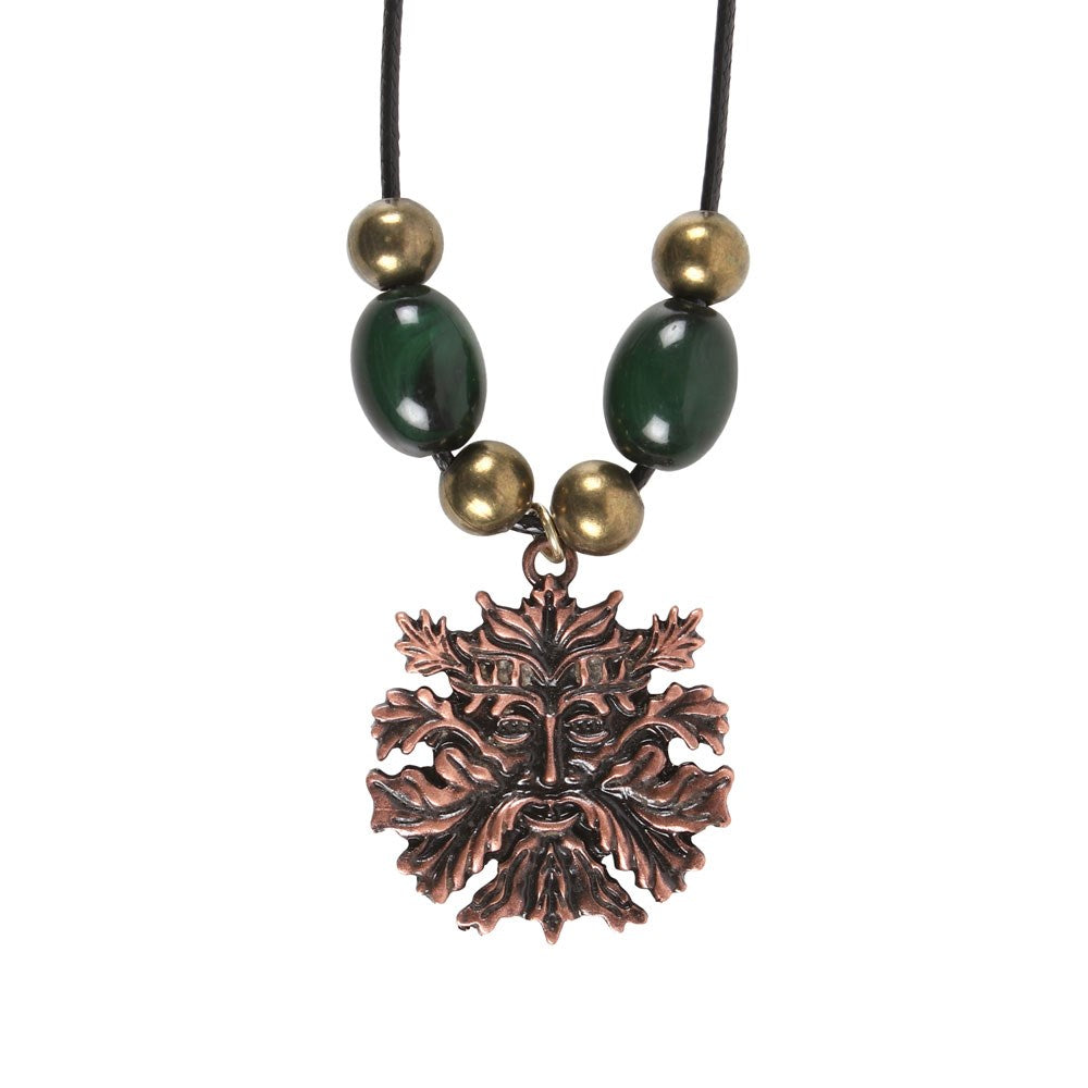 Pendant necklace - bronze hued greenman face with green and gold beads on a cord