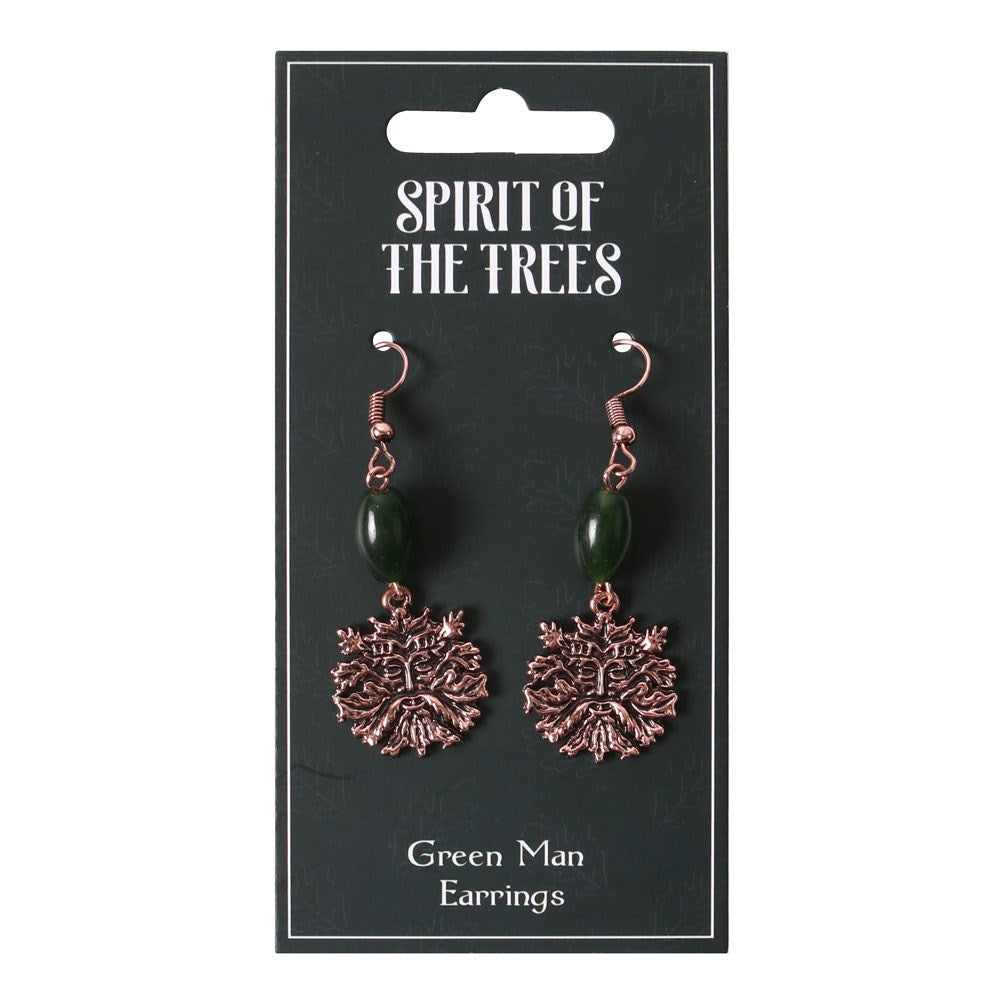 Pair of bronze hued greenman face earrings with green glass beads and surgical steel hooks, shown on card with text "Spirit of the Trees - Green Man Earrings"