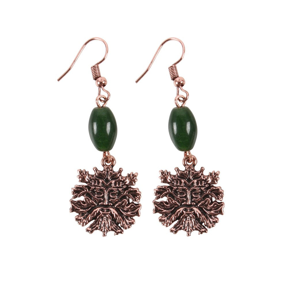 Pair of bronze hued greenman face earrings with green glass beads and surgical steel hooks