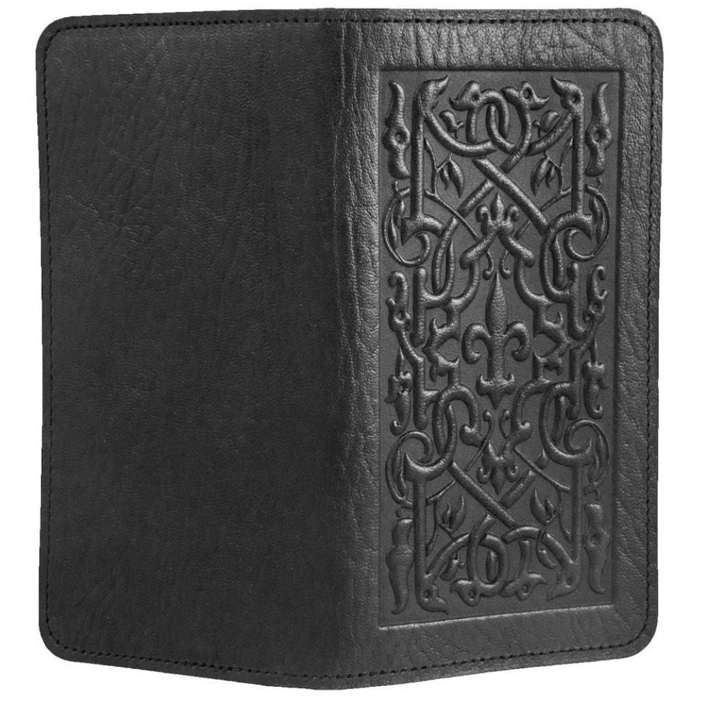 Leather checkbook cover with Celtic knot and fleur de lis design - black