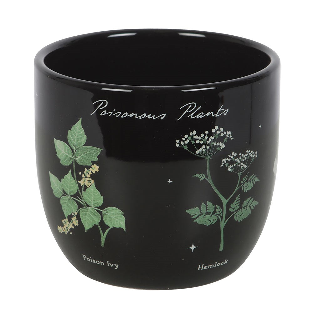 Black planter pot with illustrations of poisonous plants including poison ivy & hemlock