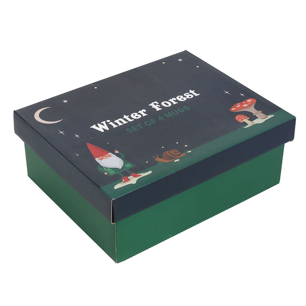 Set of 4 Winter Forest gnome mugs shown in gift box