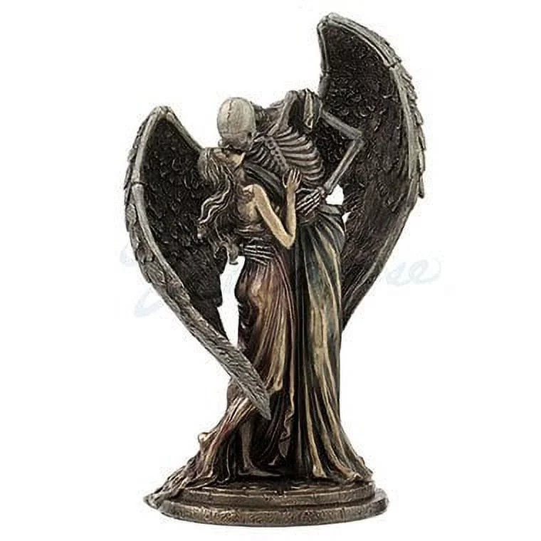 Bronze-hued figurine of winged skeleton angel kissing maiden