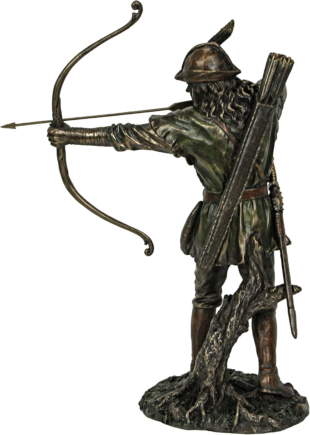 A bronze-hued figurine of Robin Hood drawing his bow with an arrow knocked