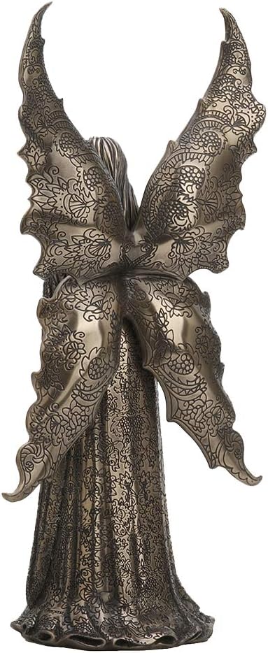 Bronze finish angel holding rose figurine, back view showing pattern on wings