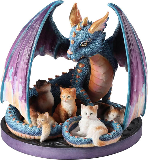 Blue, purple and gold dragon curled around five orange and white kittens
