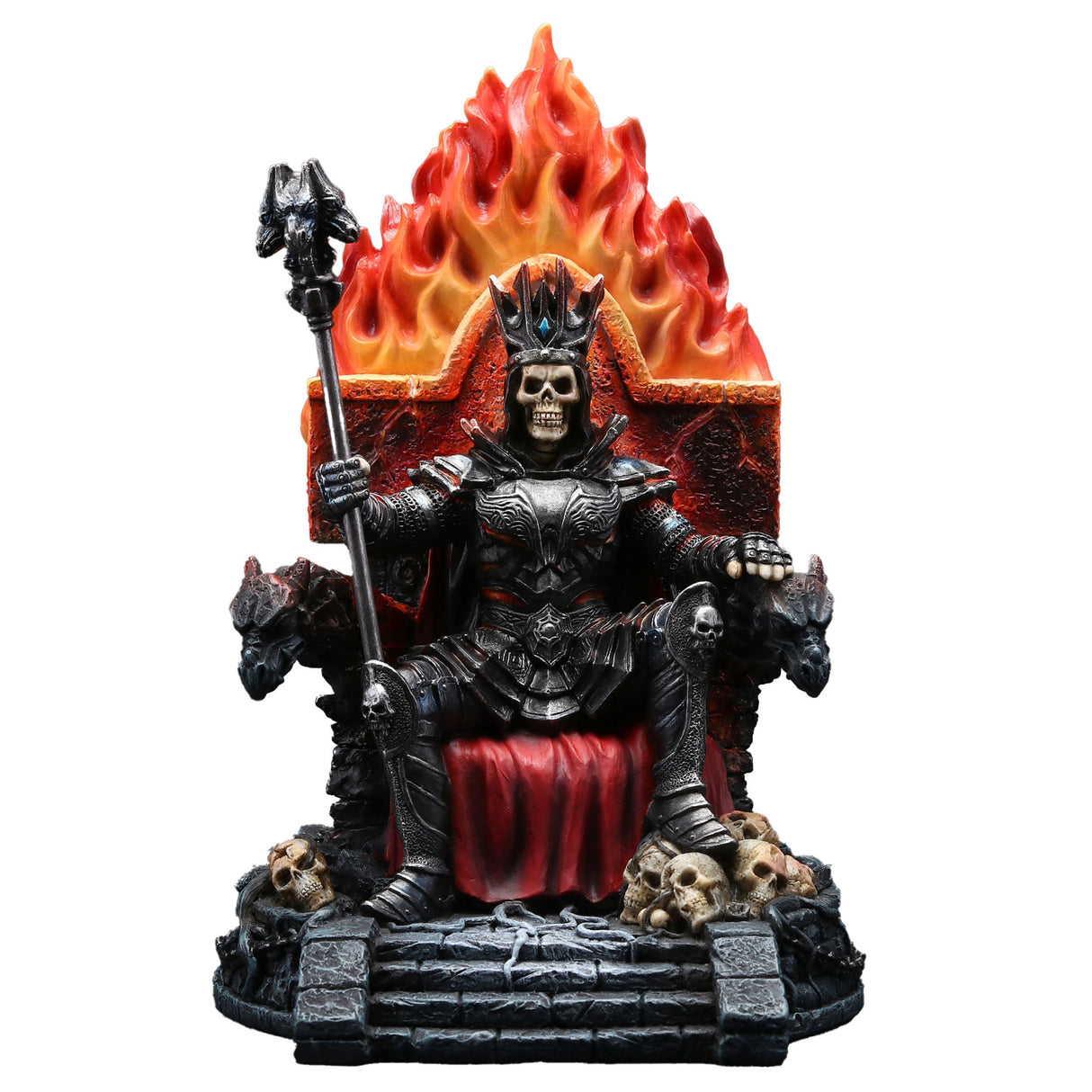 Figurine of skeleton in armor and crown holding staff, sitting on fiery throne with gargoyles, piles of human skulls