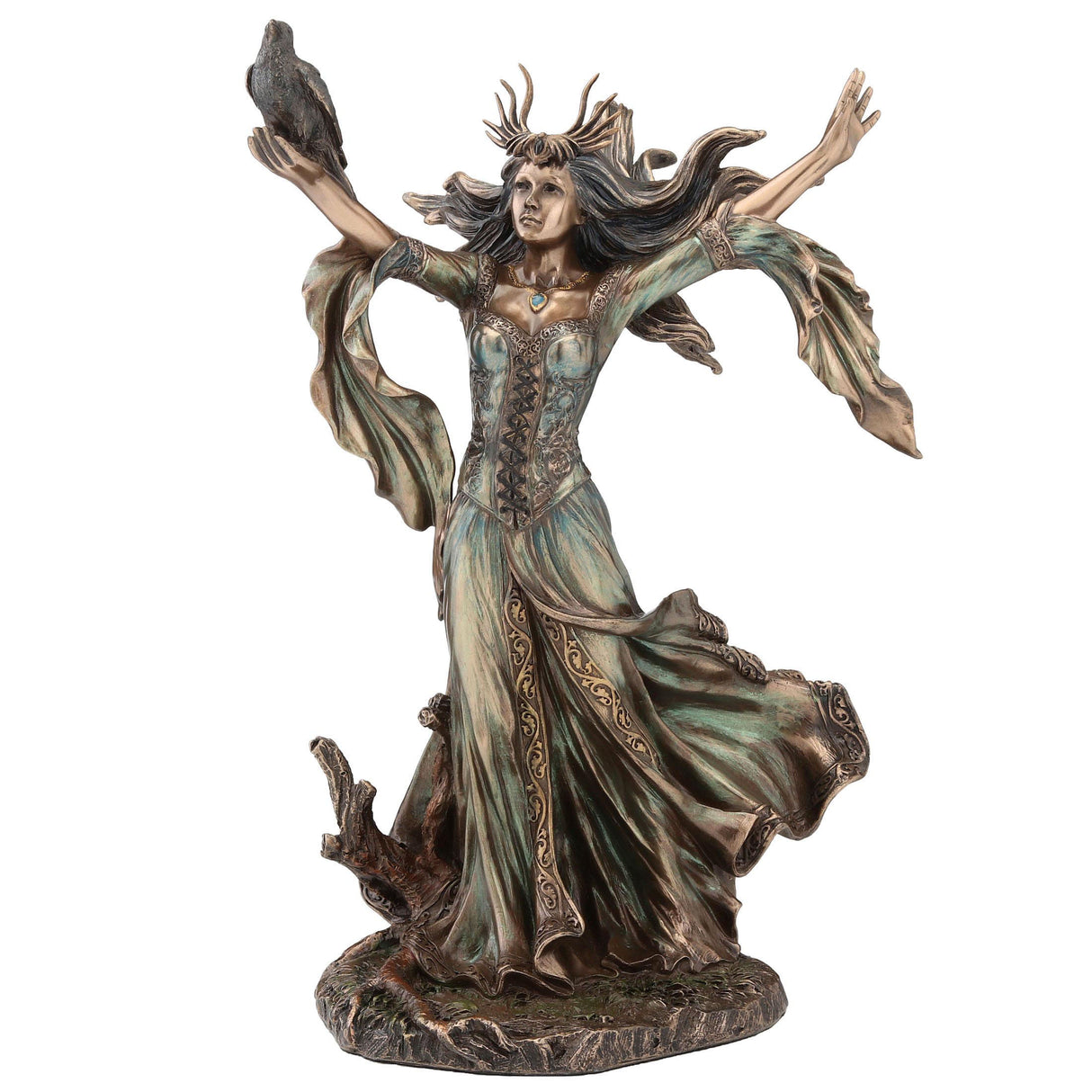 Figurine of the sorceress Morgan le Fey from Arthurian legend. Bronze hue with raven on arm, flowing dress and hair