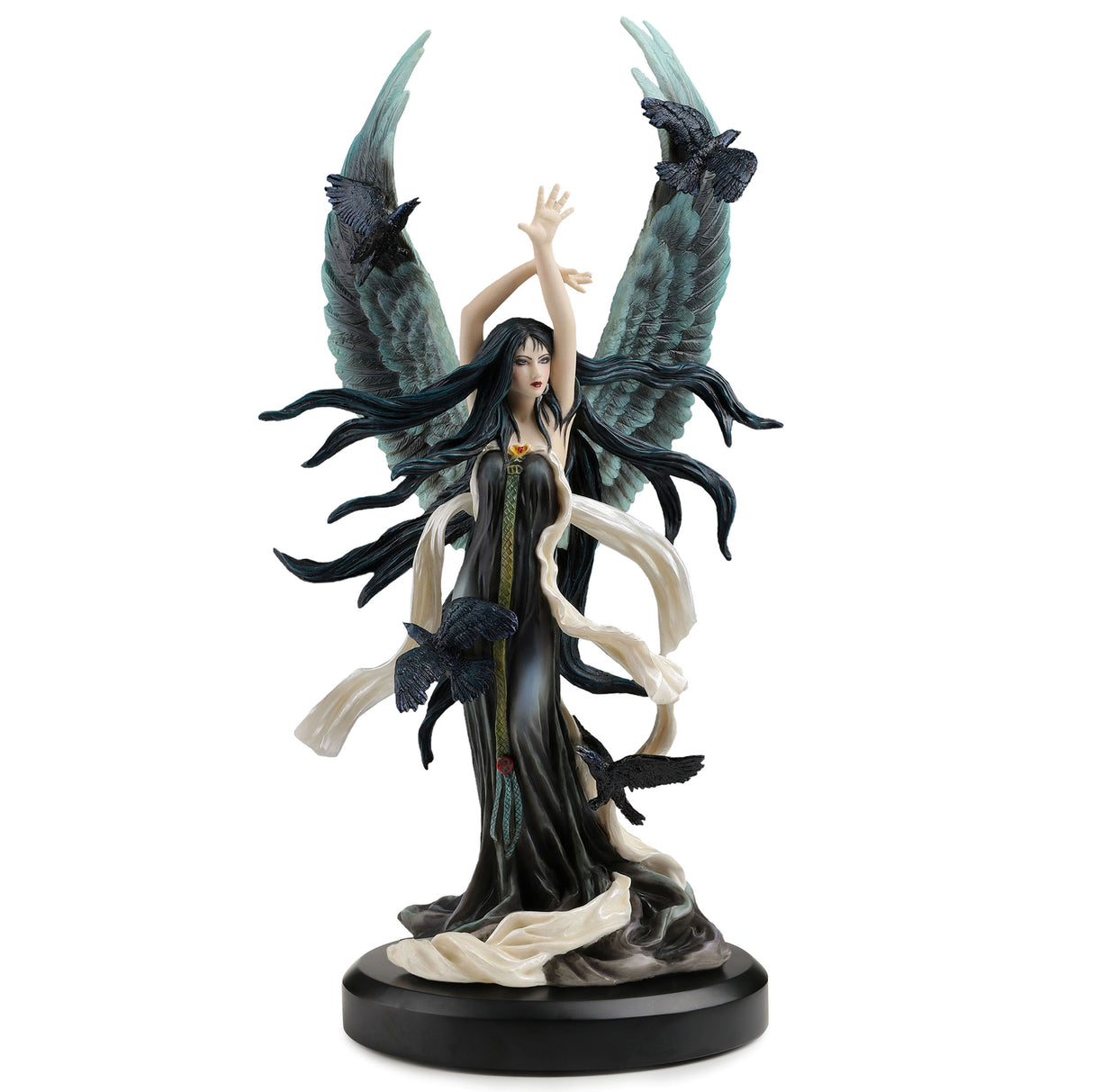 Figurine of fairy with black hair and dress and feathered angel wings, surrounded by ravens. On wooden base in black