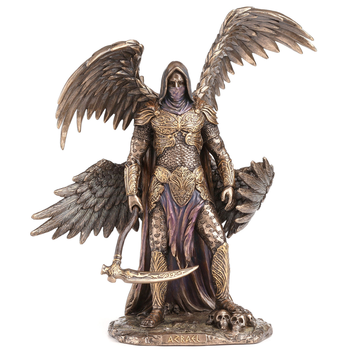 Figurine of Azrael, archangel of death - four wings to either side, clad in gold-accented armor in cold cast bronze, holding a scythe and skulls at his feet