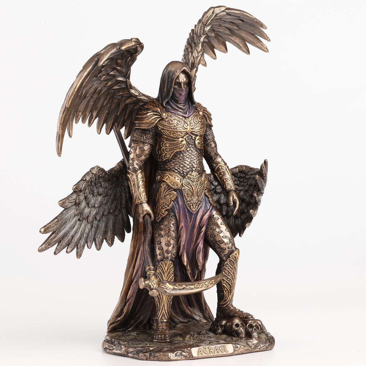 Figurine of Azrael, archangel of death - four wings to either side, clad in gold-accented armor in cold cast bronze, holding a scythe and skulls at his feet