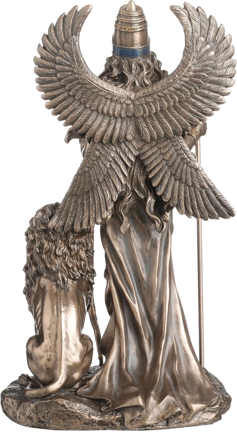 Statue of winged goddess with snakes and lion, shown from the back