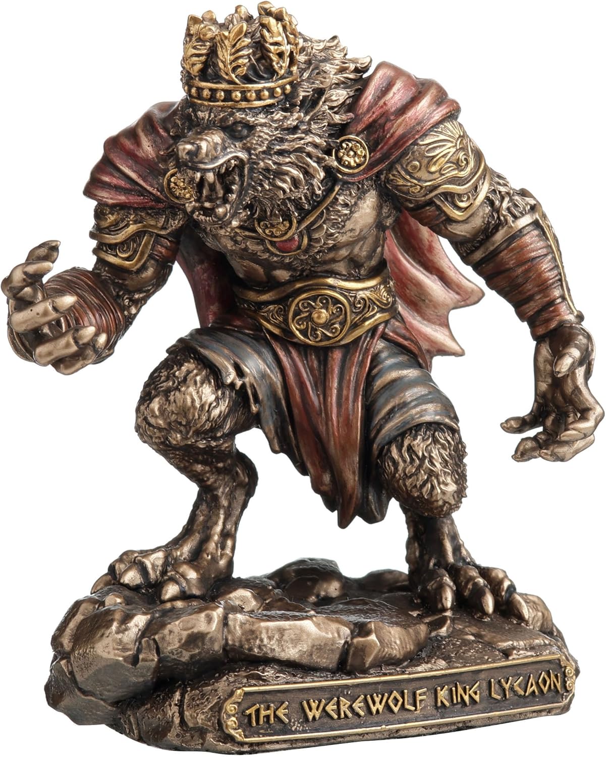 Statue of a werewolf king with armor and crown, titled "The Werewolf King Lycaon"