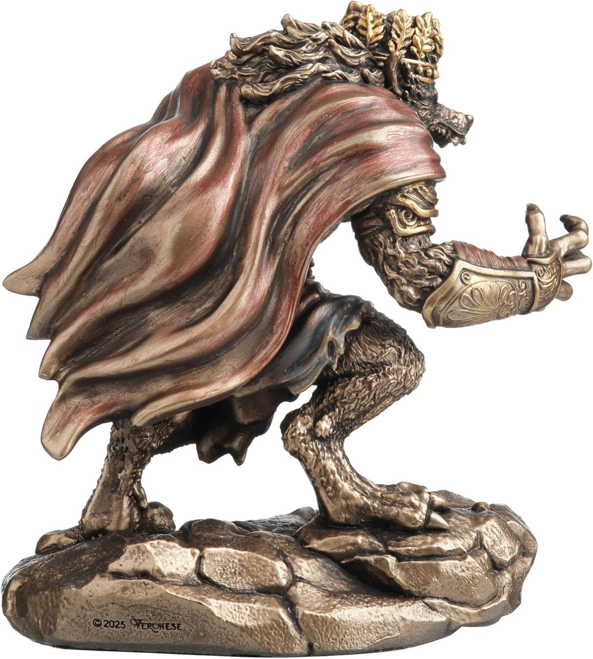 Statue of a werewolf king with armor and crown, with red cloak