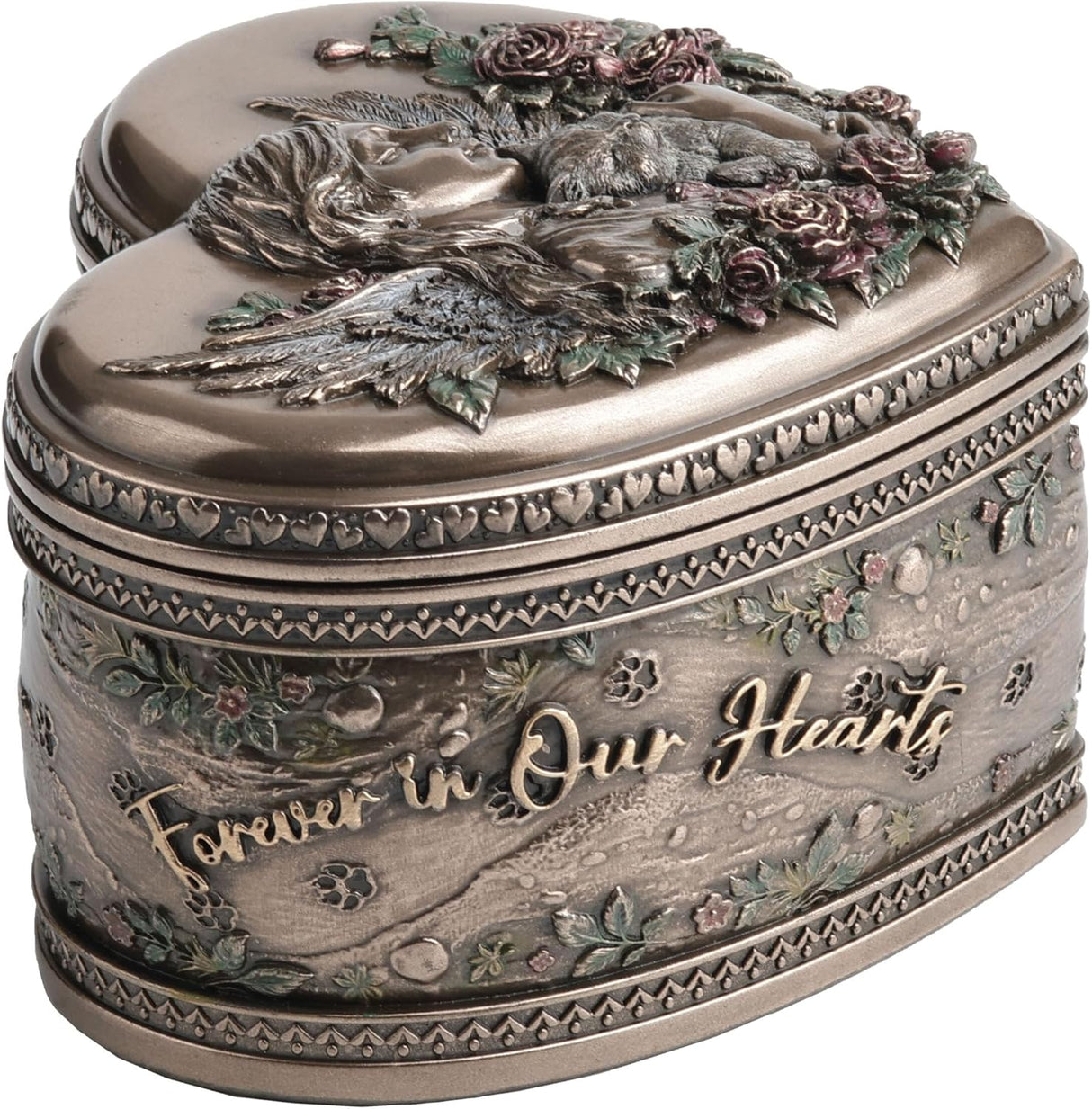 Decorative heart-shaped memorial box with angel and cat with roses. "Forever in Our Hearts" on the side with pawprints and flowers