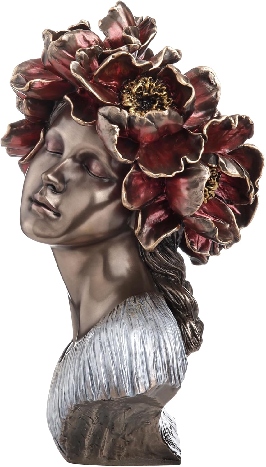 Bronze bust of a woman with red flowers for hair