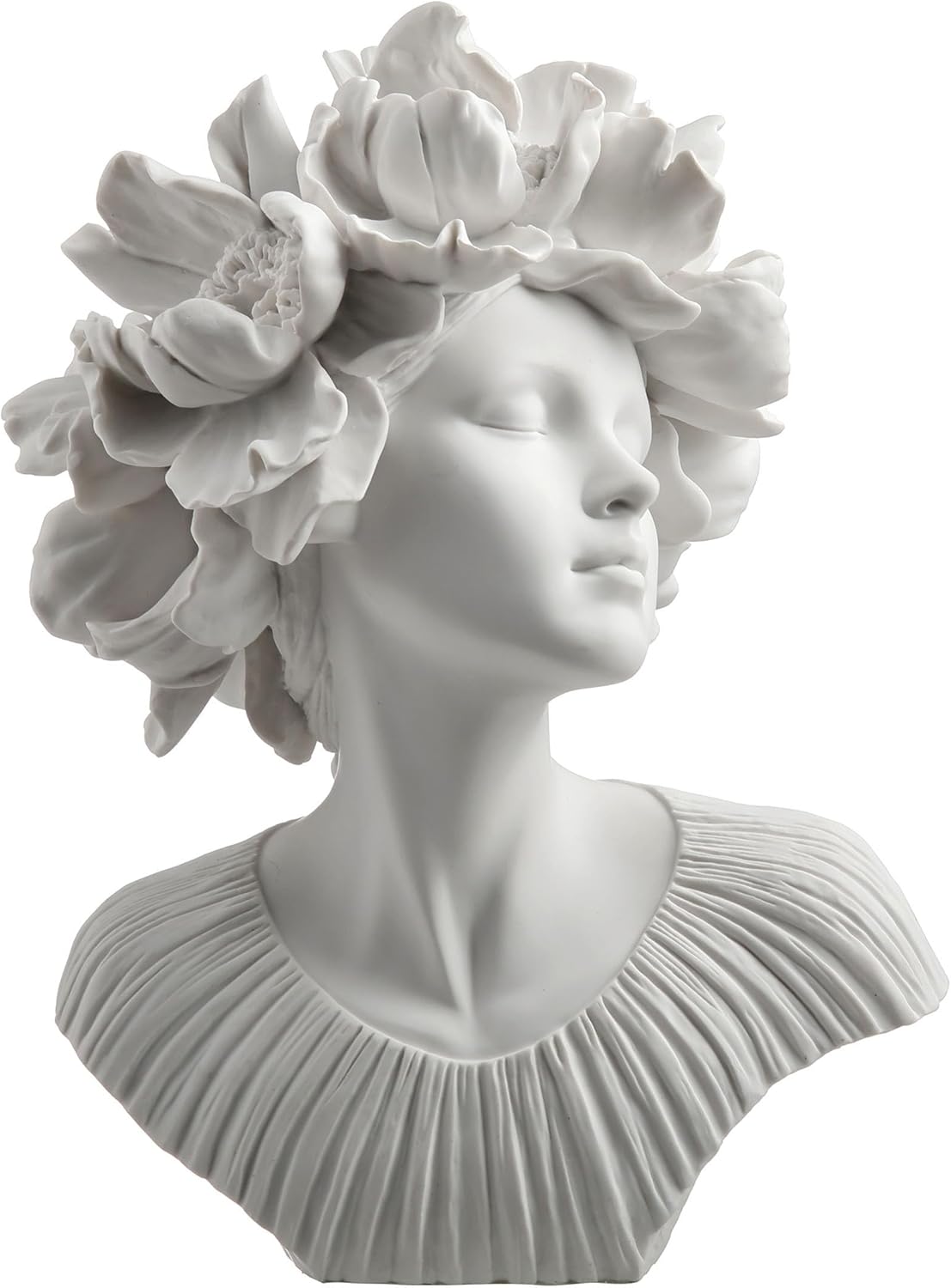 White bust of a woman with flowers for hair