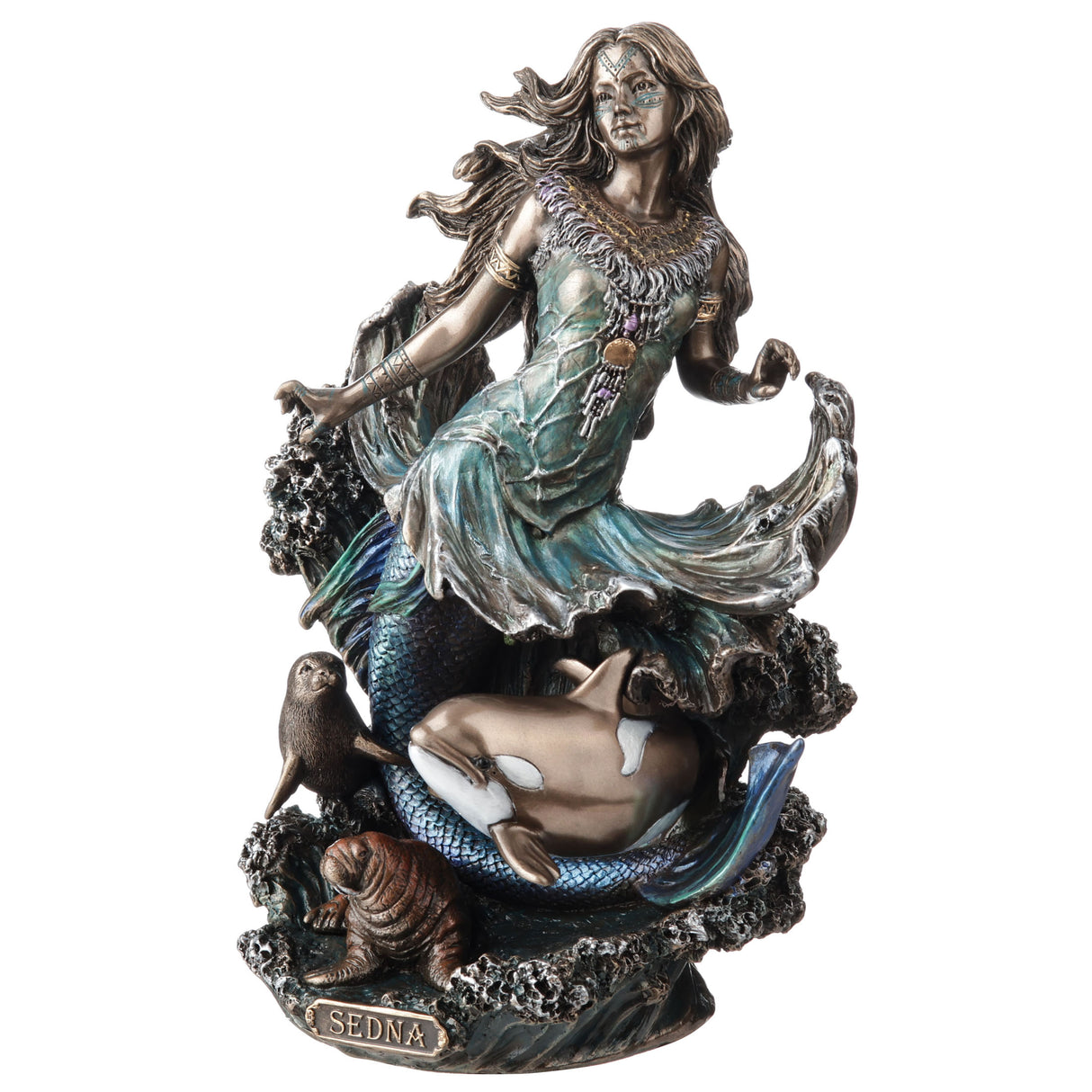 Statue of a mermaid goddess with whale, seal and walrus, and the name 'Sedna'