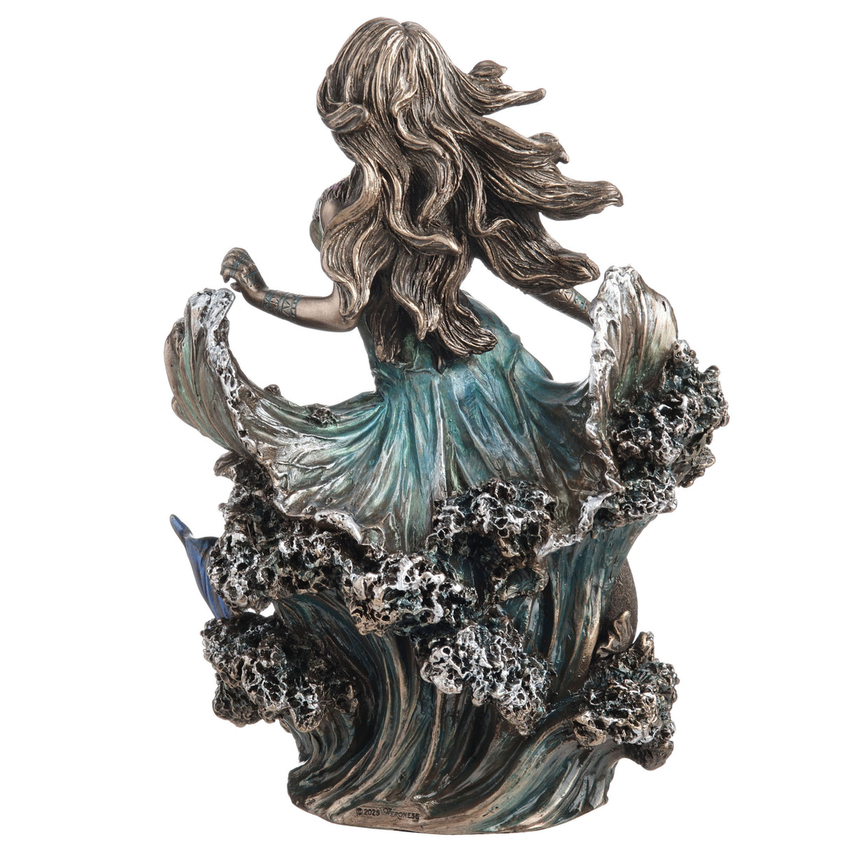 Statue of a mermaid goddess with whale, seal and walrus, shown from the back