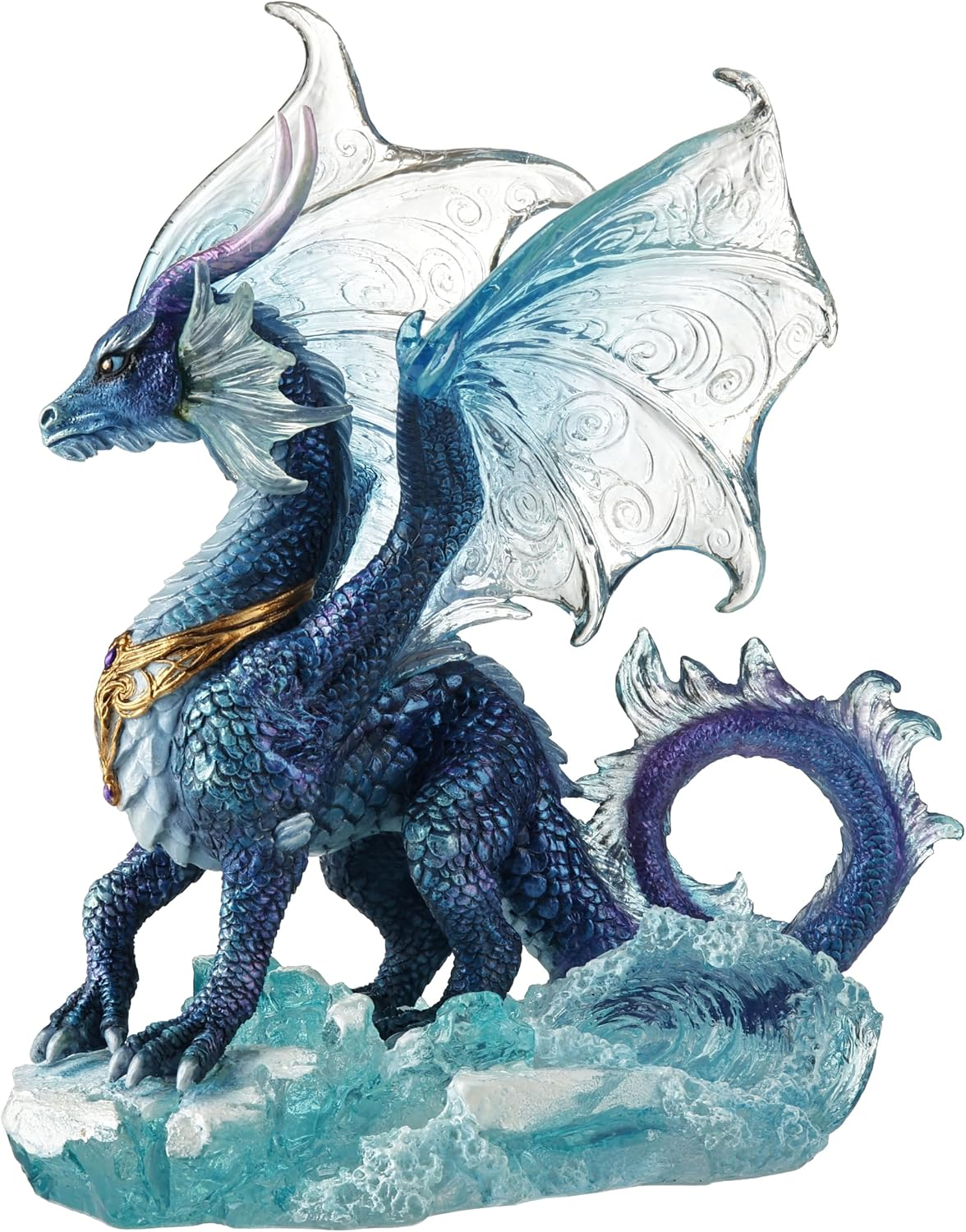 Figurine of blue dragon standing in the ocean waves
