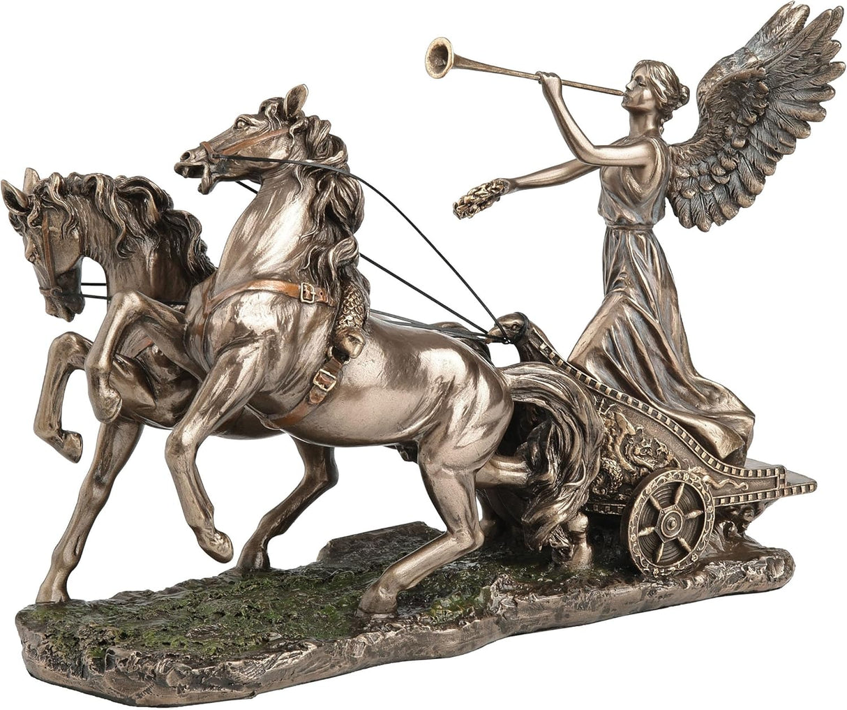Faux Bronze statue of Greek goddess Nike on chariot pulled by two horses, blowing a trumpet