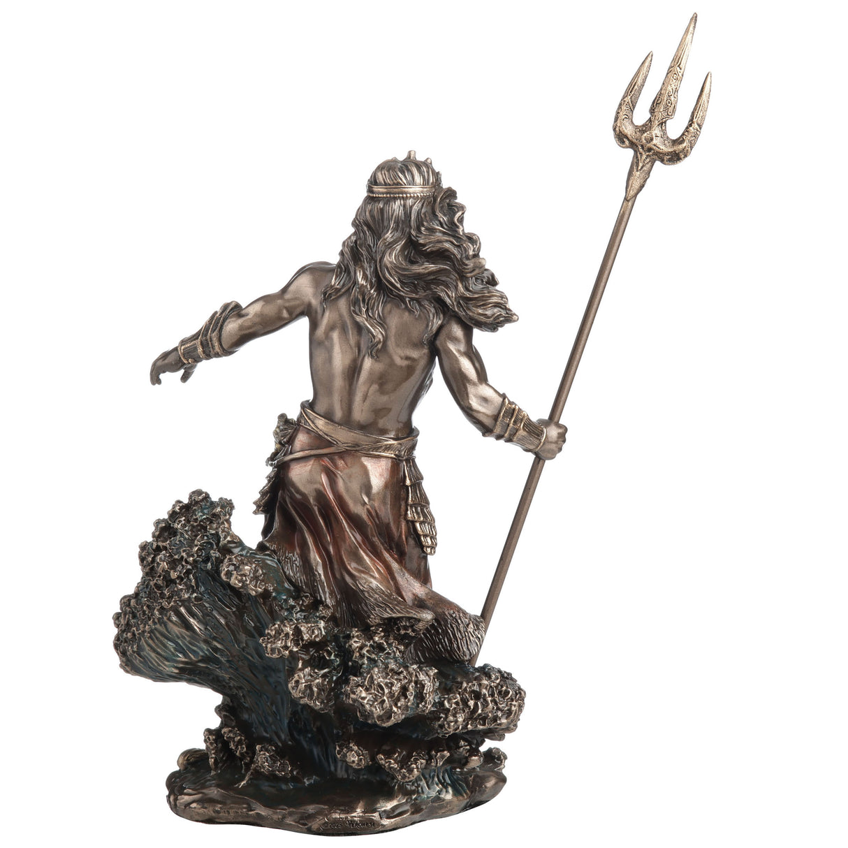 Bronze-hued statue of Greek ocean god Poseidon holding trident, standing on waves, shown from the back
