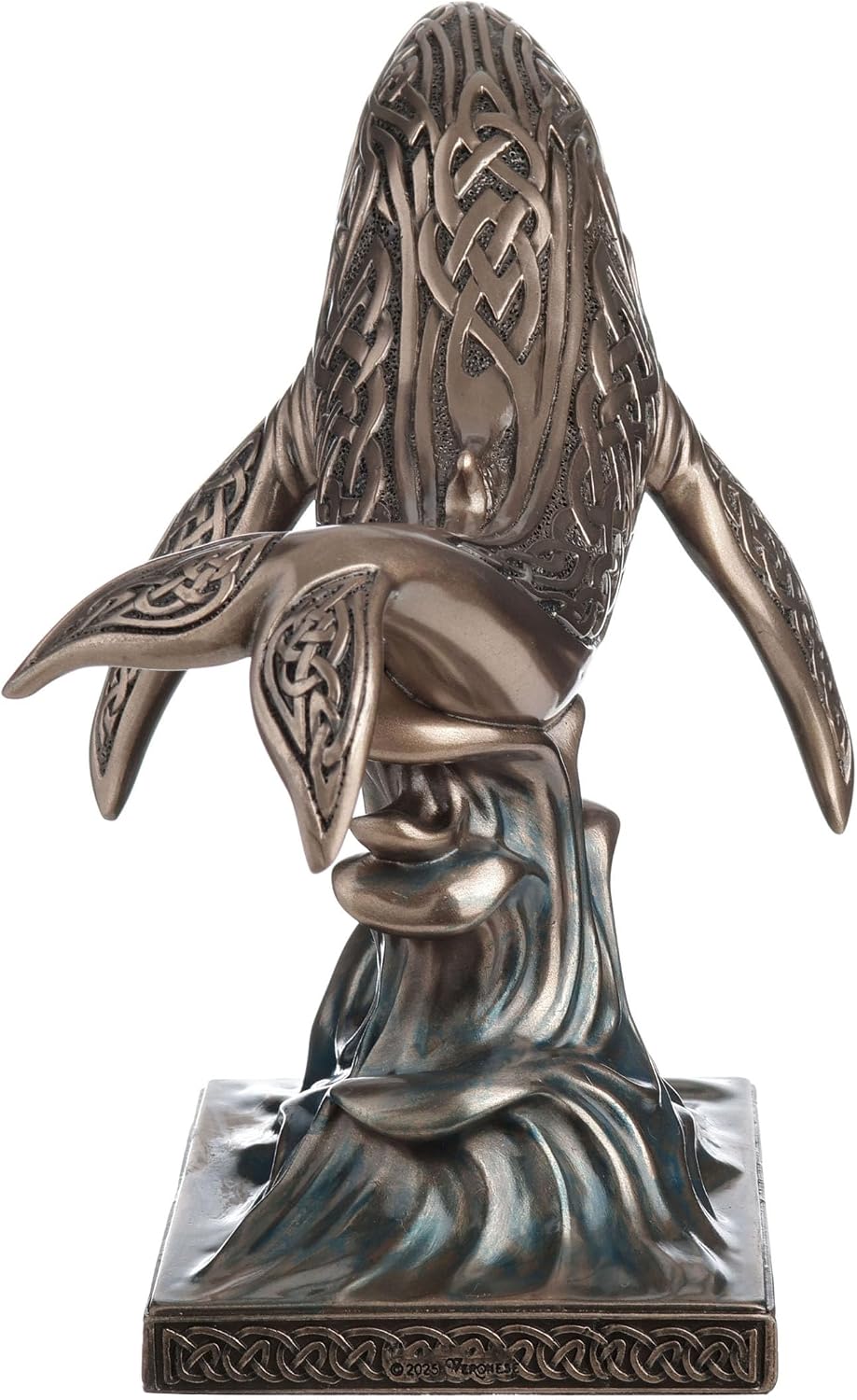 Decorative bronze-hued whale with Celtic knot designs figurine