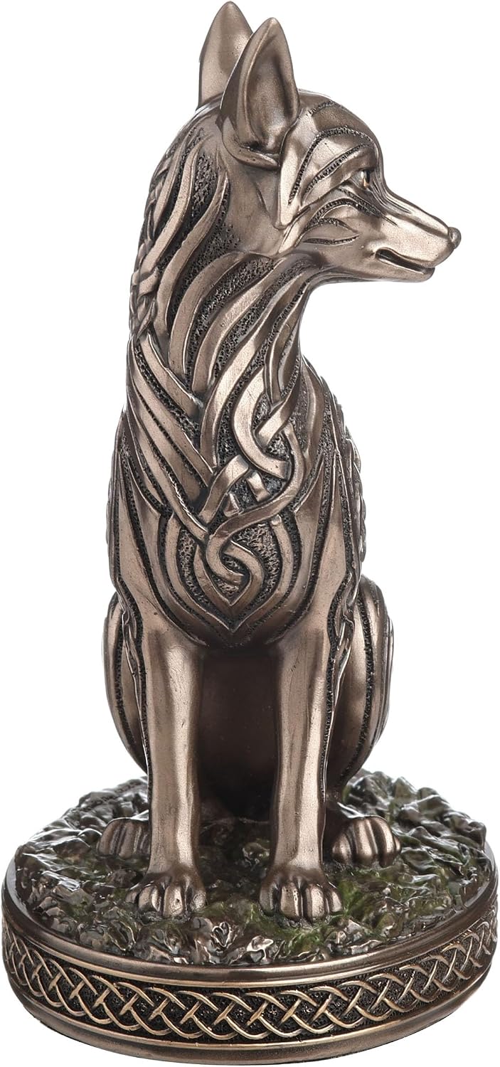 Bronze fox figurine with intricate Celtic knot patterns on a white background