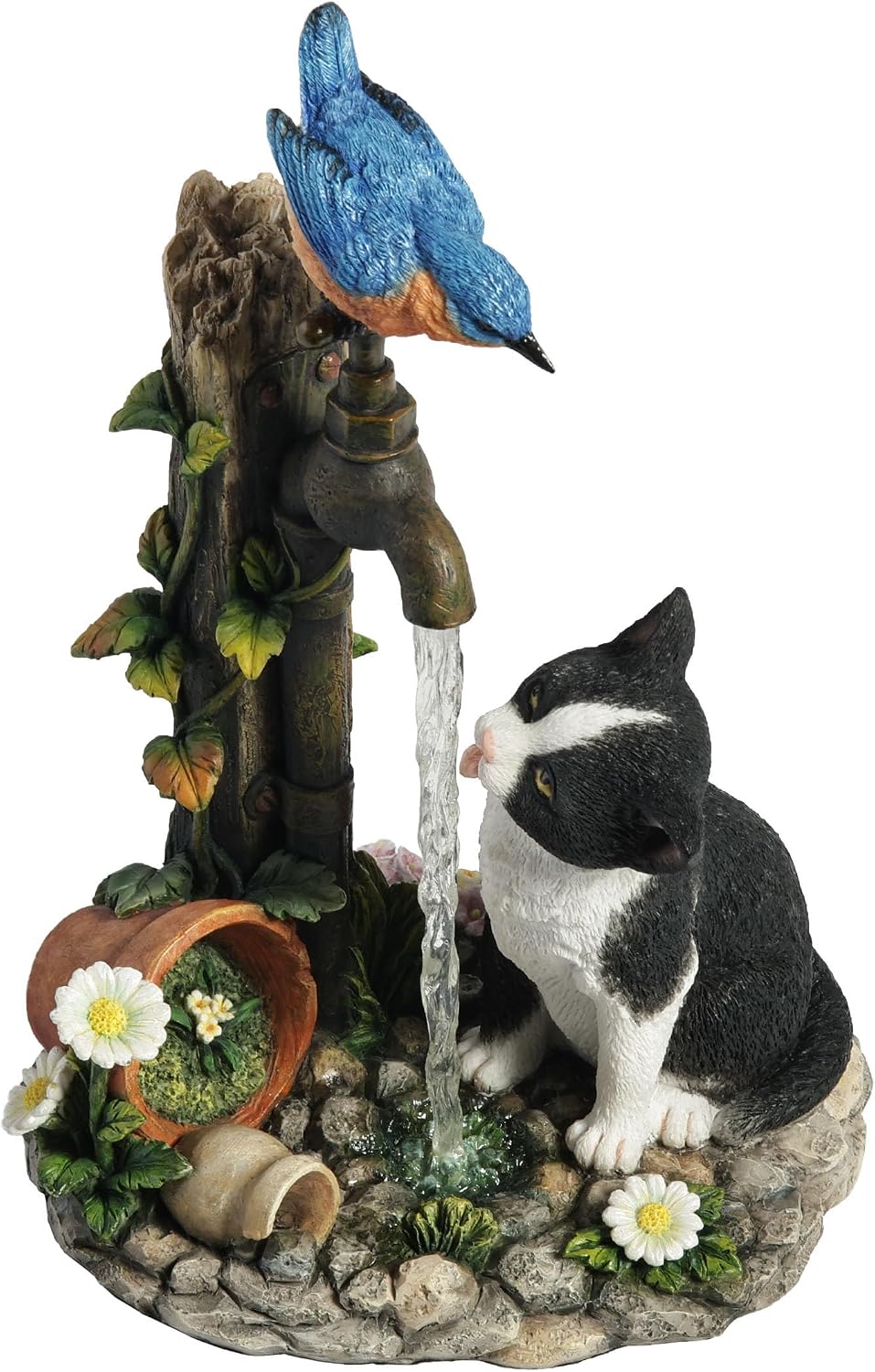 Figurine of cat drinking from garden faucet with bluebird perched on spigot