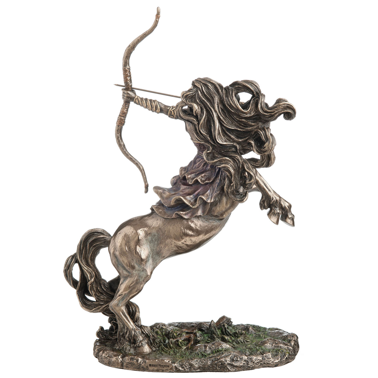 Statue of a female centaur with a bow, shown from the back