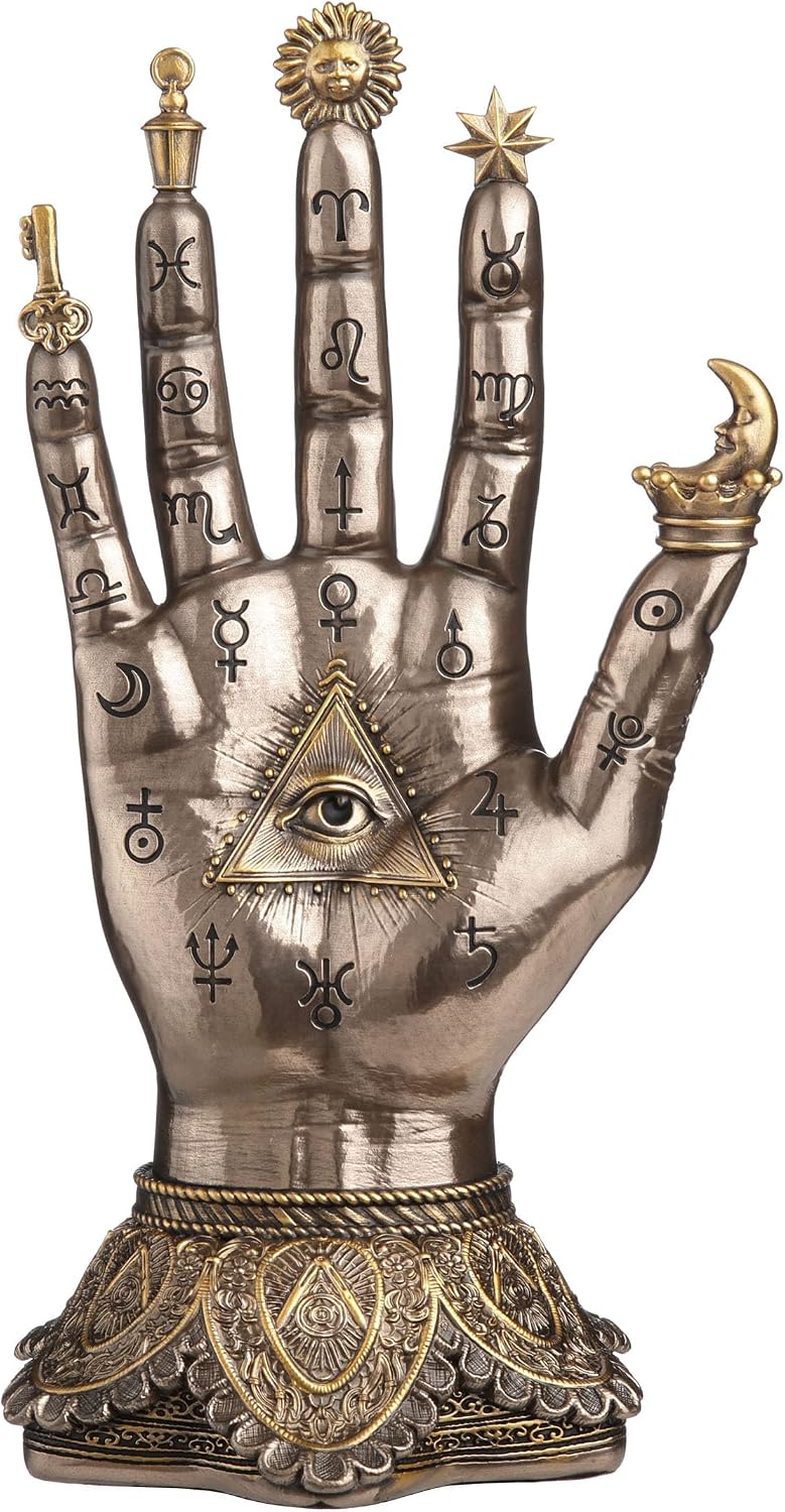 Decorative palm with astrological symbols and a triangle with an eye