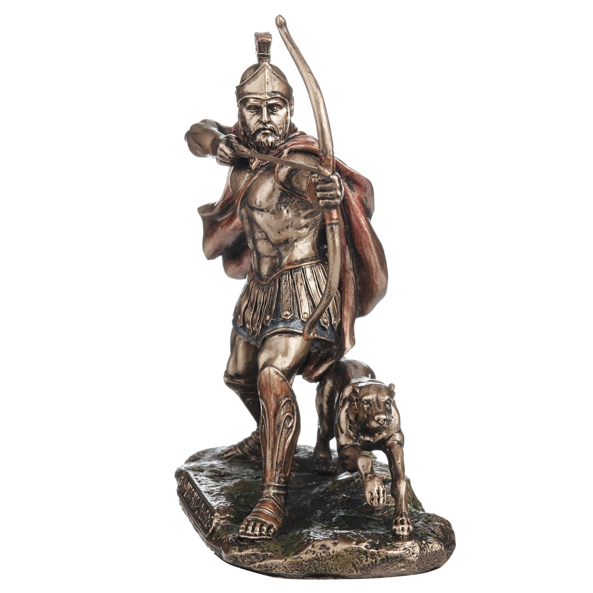 Bronze-hued statue of hero Odysseus drawing his bow, and Argos is dog