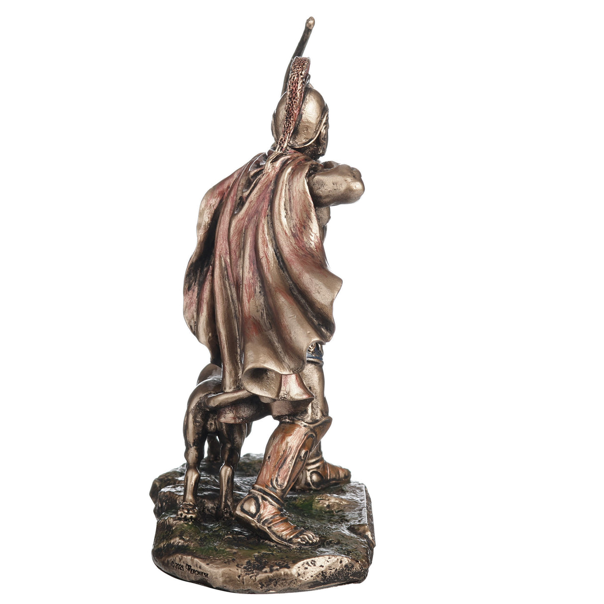 Bronze-hued statue of hero Odysseus drawing his bow, and Argos is dog
