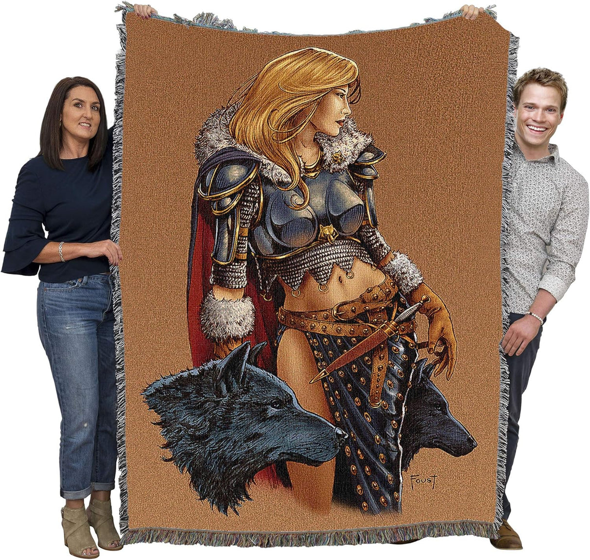 Tapestry with warrior and wolves held up by two adults to show large size