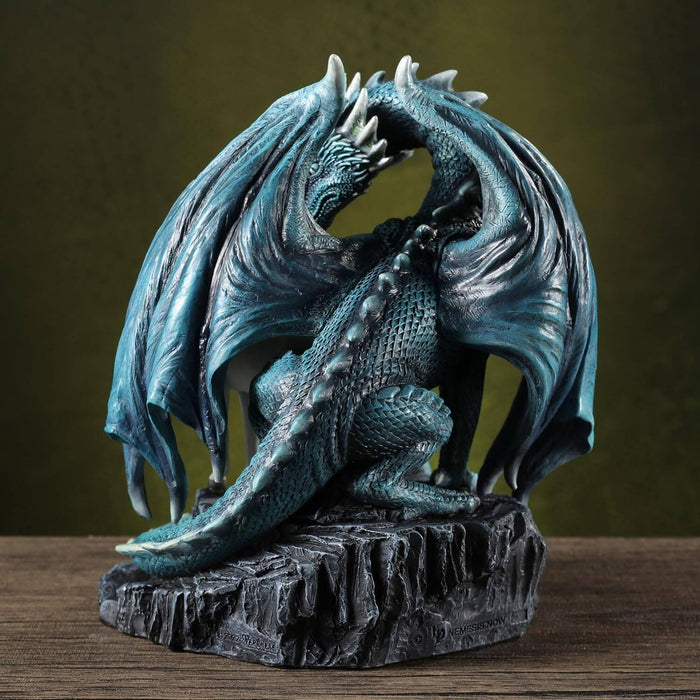 Green-blue dragon and unicorn stand together on a rock. Shown from the back, detailed dragon scales and wings