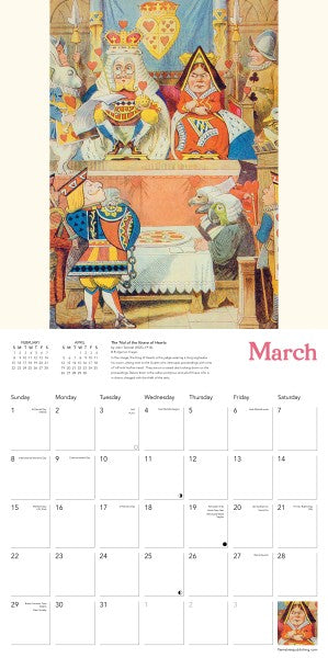 Calendar page for March with medieval-style illustration of the Queen of Heart's court