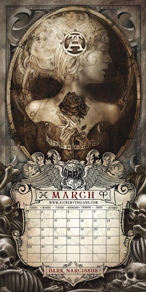 March page of Alchemy Gothic 2026 Calendar, bust of woman with rose, sepia toned