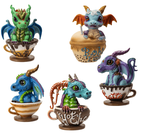 Set of 5 figurines with cute and colorful dragons in cups of Chai, Boba Tea, Hot Tea, Hot Chocolate, and Latte