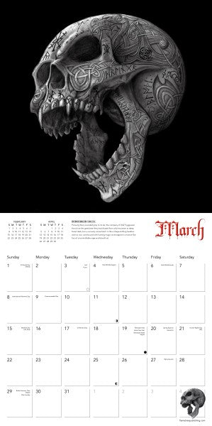 Calendar page for March with a detailed skull design on a black background