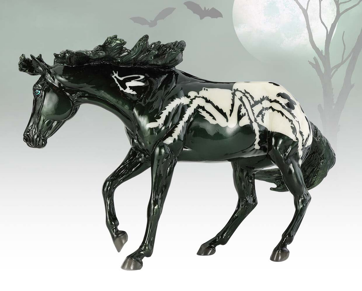 Black and white horse figurine with a ghostly background, spider pattern